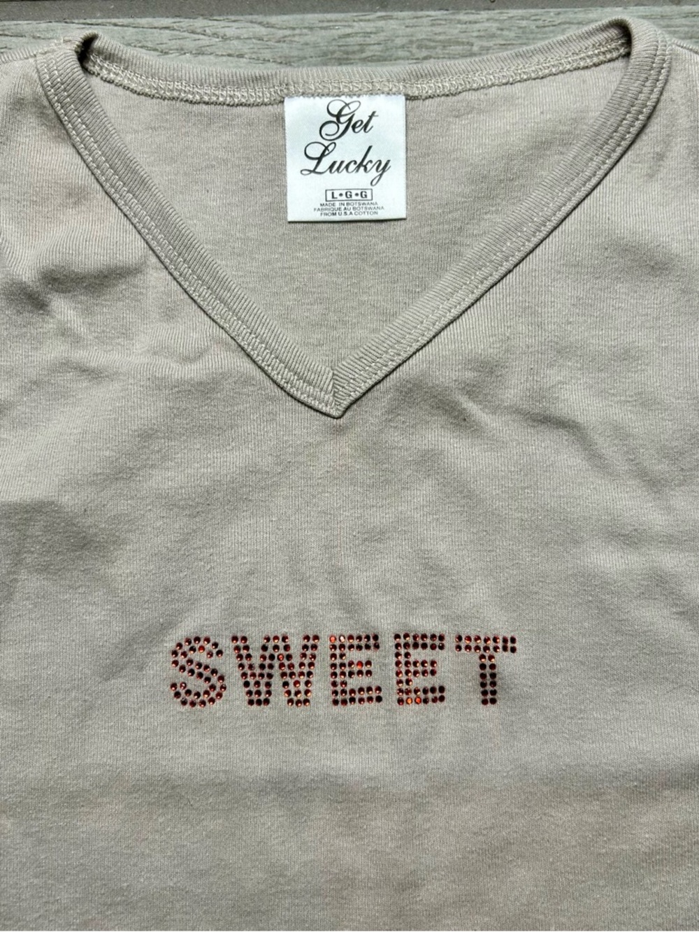 Get Lucky Light Beige V-Neck Tank with Red Rhinestone SWEET - Picture 3 of 4